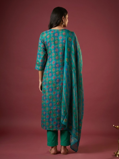 Floral Printed Embroidered Jacquard Kurta with Pant & Dupatta - Teal Blue