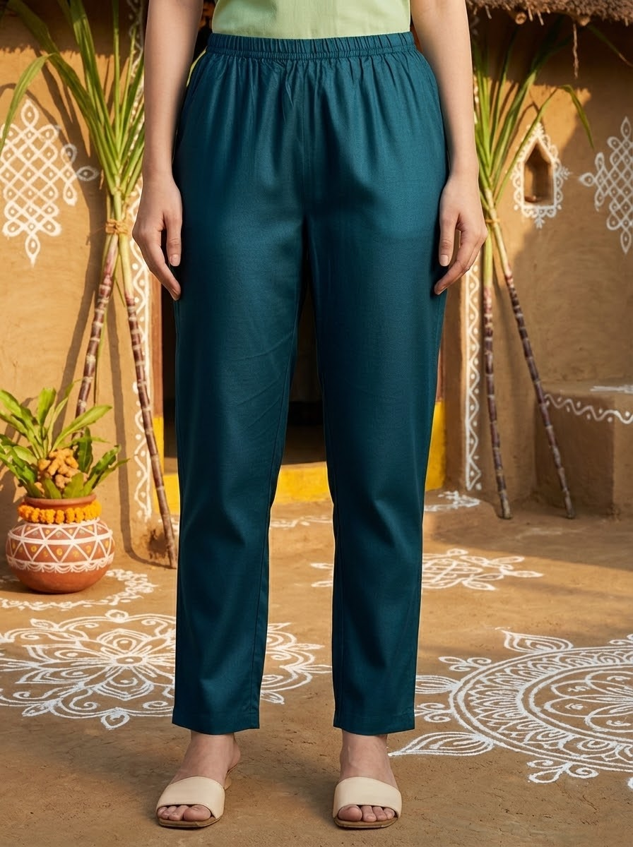 Solid Kalamkari Printed Straight Kurta with Pant & Dupatta - Blue