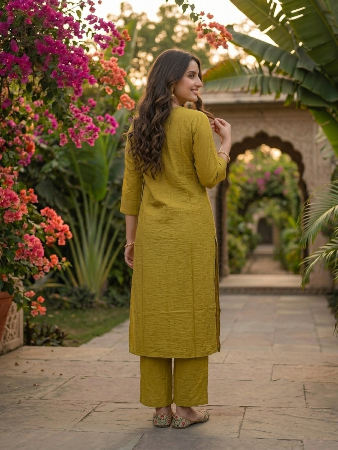 Green Solid Textured A-Line Silk Blend Co-ord Set with Palazzo