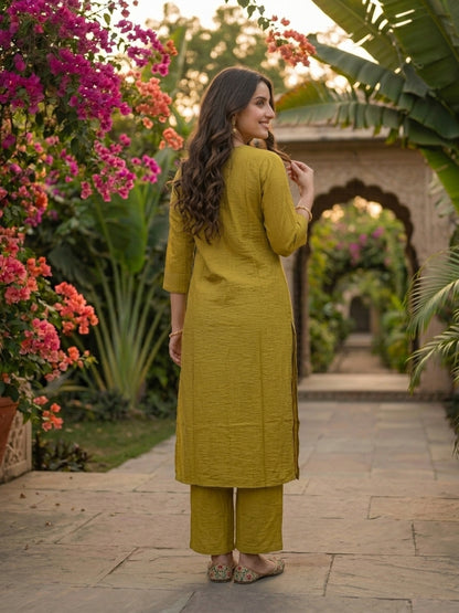 Green Solid Textured A-Line Silk Blend Co-ord Set with Palazzo