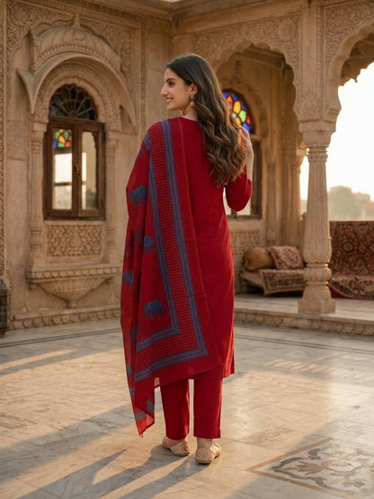 Brick Red Solid Cotton Straight Kurta Set with Kantha Work & Elephant Patchwork, Pant & Dupatta