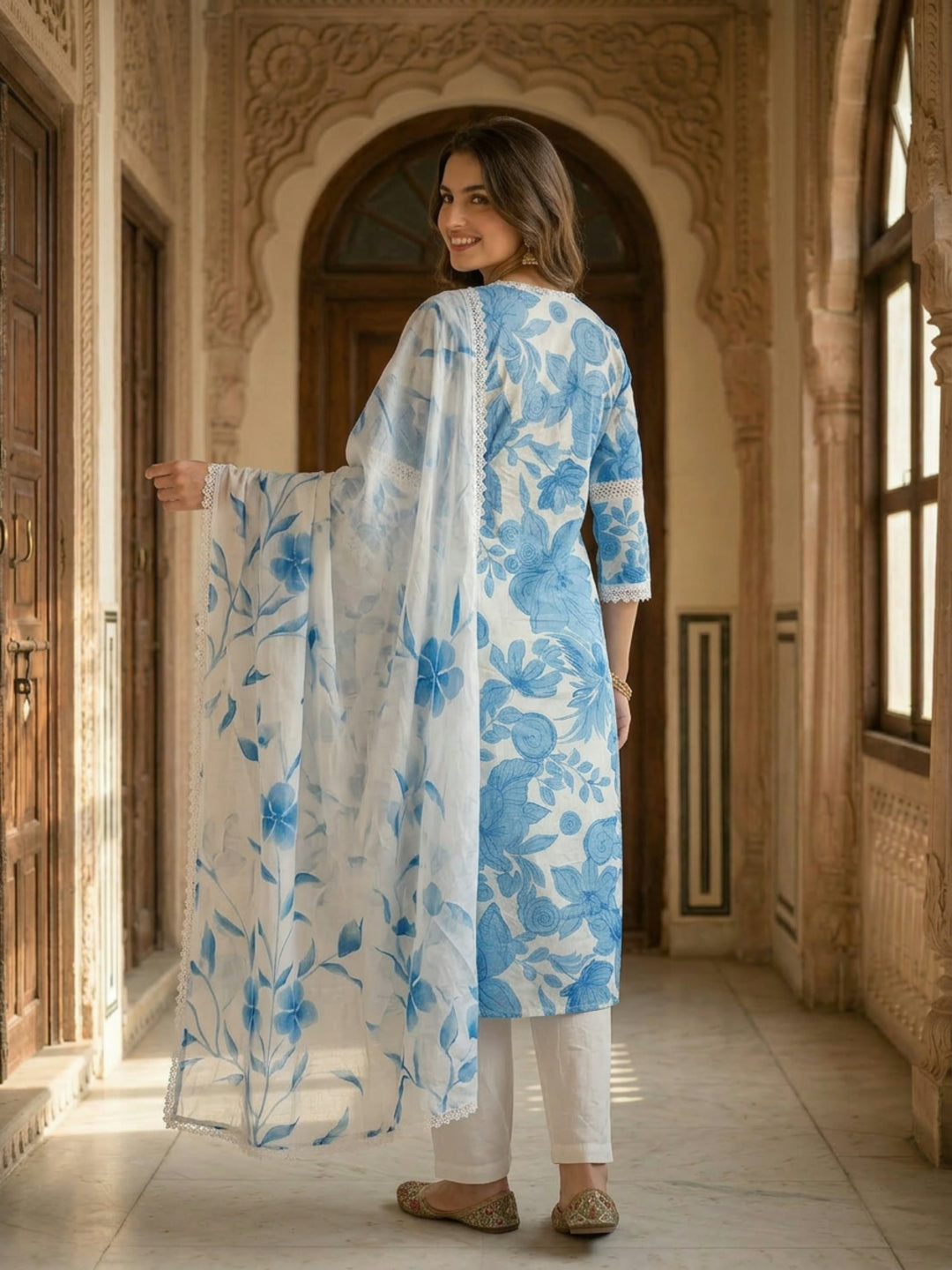 Abstract Floral Printed Straight Kurta with Pant & Dupatta - Blue