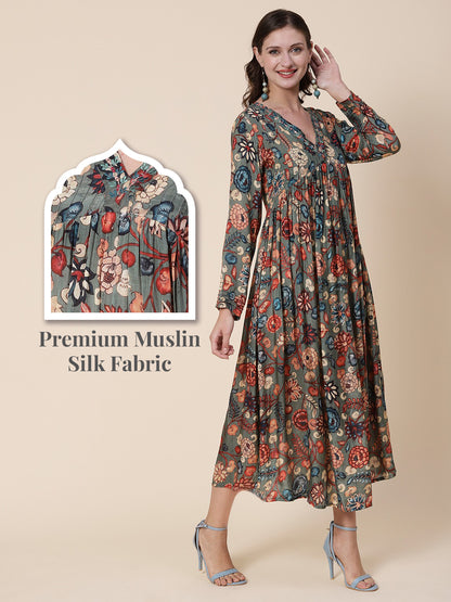 Floral Printed Mirror & Resham Embroidered Pleated Flared Maxi Dress - Multi