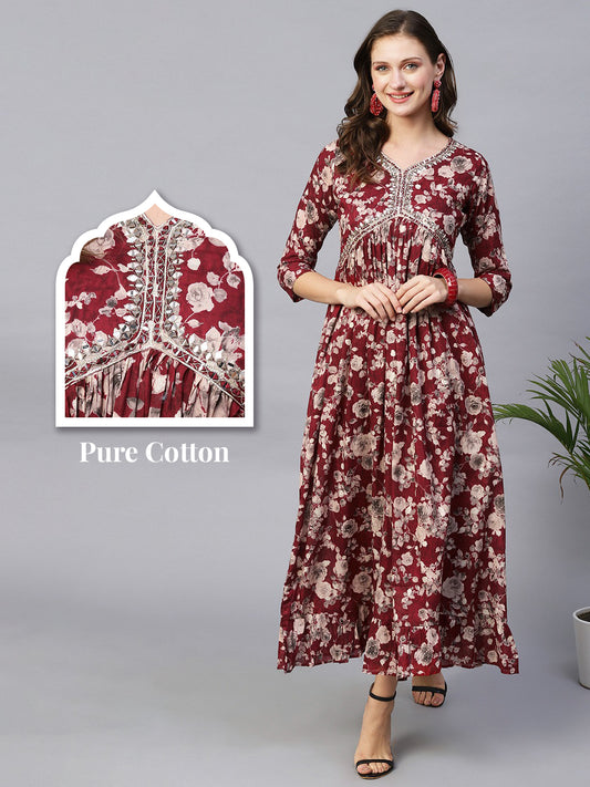 Floral Printed Mirror, Resham & Dabka Embroidered Gathered Maxi Dress - Maroon