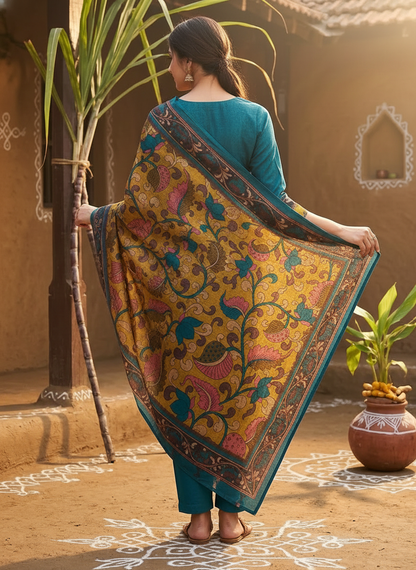 Solid Kalamkari Printed Straight Kurta with Pant & Dupatta - Blue