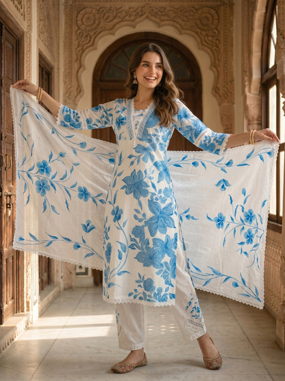 Abstract Floral Printed Straight Kurta with Pant & Dupatta - Blue