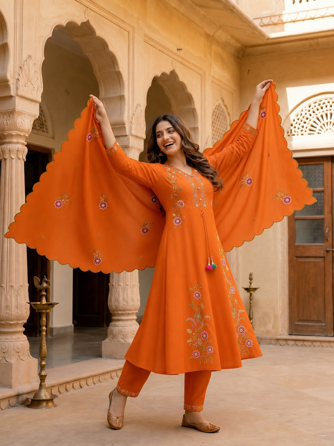 Rust Solid Chanderi Silk Anarkali Kurta Set with Floral Embroidery, V-Neck, Palazzo & Scalloped Poly Chanderi Dupatta