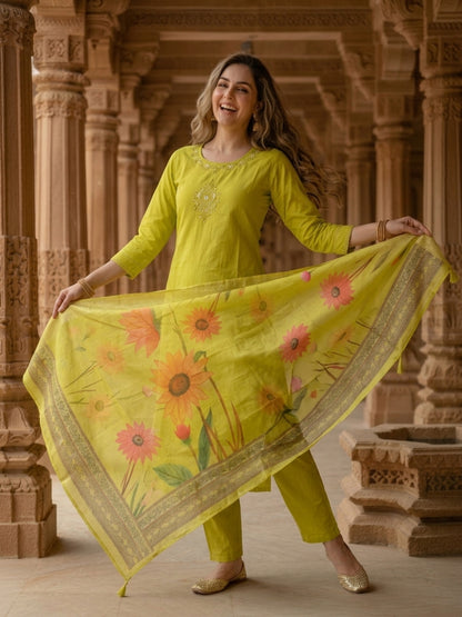 Pista Green Solid Muslin Silk Straight Kurta Set with Floral Hand Embroidery, Round Neck, Pant & Printed Poly Chanderi Dupatta