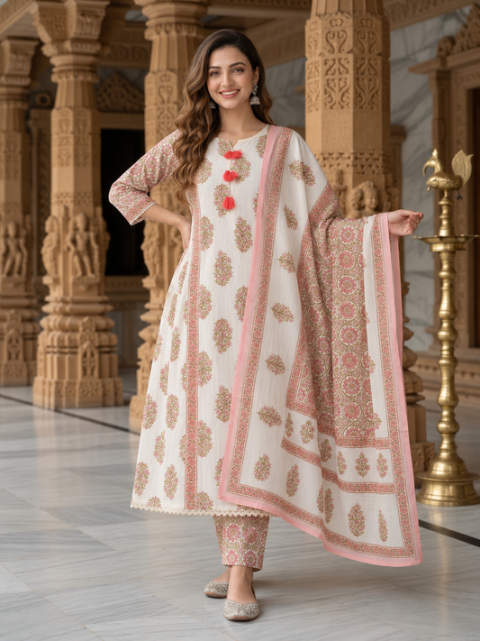 Pink Floral Cotton Gathered Kurta Set with Sequin Work, Pant & Printed Dupatta