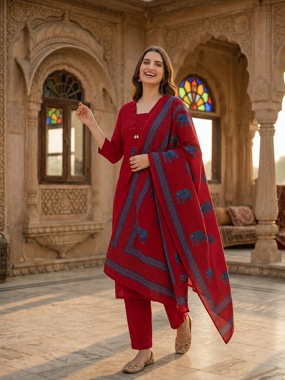 Brick Red Solid Cotton Straight Kurta Set with Kantha Work & Elephant Patchwork, Pant & Dupatta