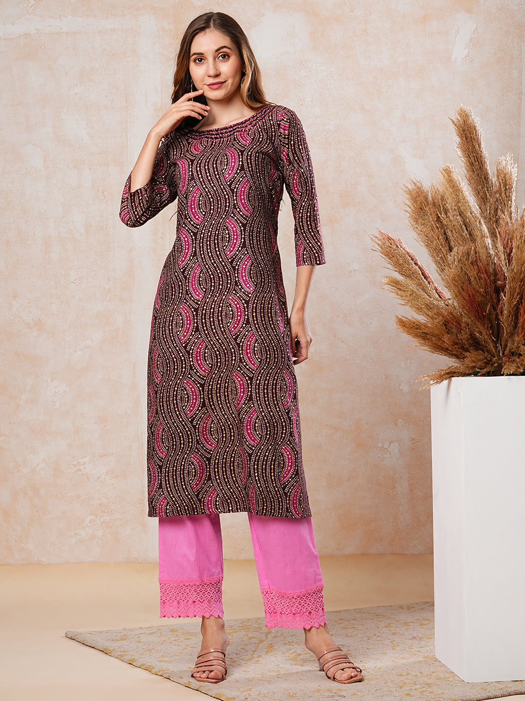 Abstract Printed Mirror & Resham Embroidered Kurta - Dark Mauve