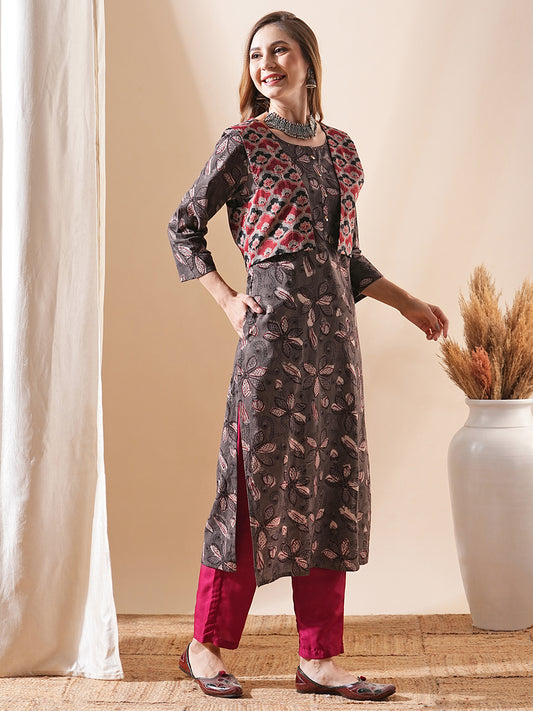 Ethnic Floral Printed Straight Kurta with Ajrakh Printed Jacket - Grey