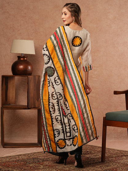 Ethnic Printed & Kantha Embroidered Straight Kurta with Dupatta - Off White