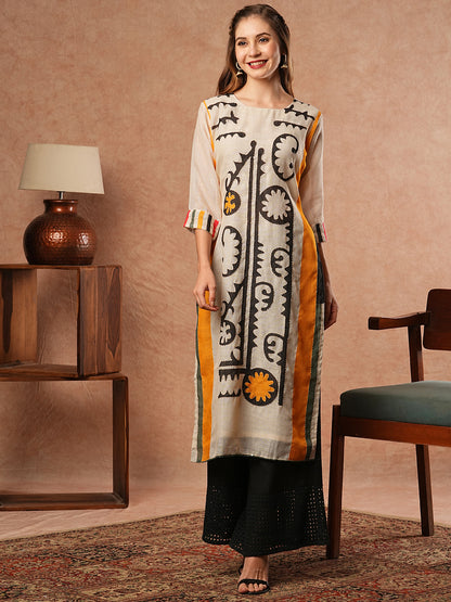 Ethnic Printed & Kantha Embroidered Straight Kurta with Dupatta - Off White