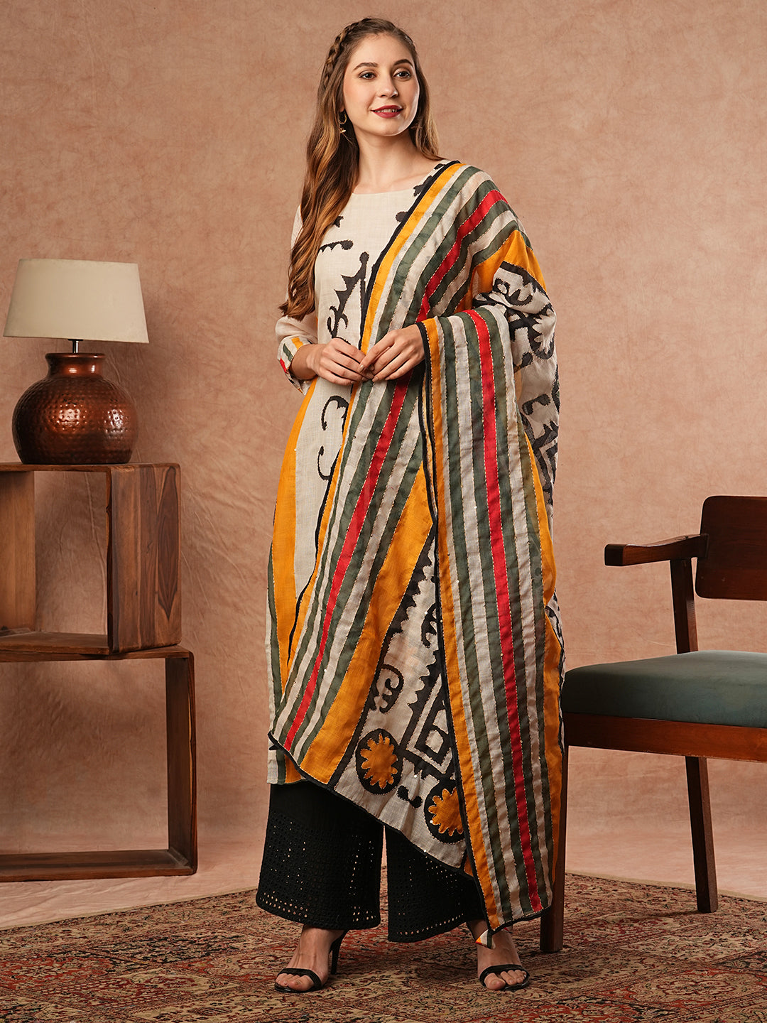 Ethnic Printed & Kantha Embroidered Straight Kurta with Dupatta - Off White