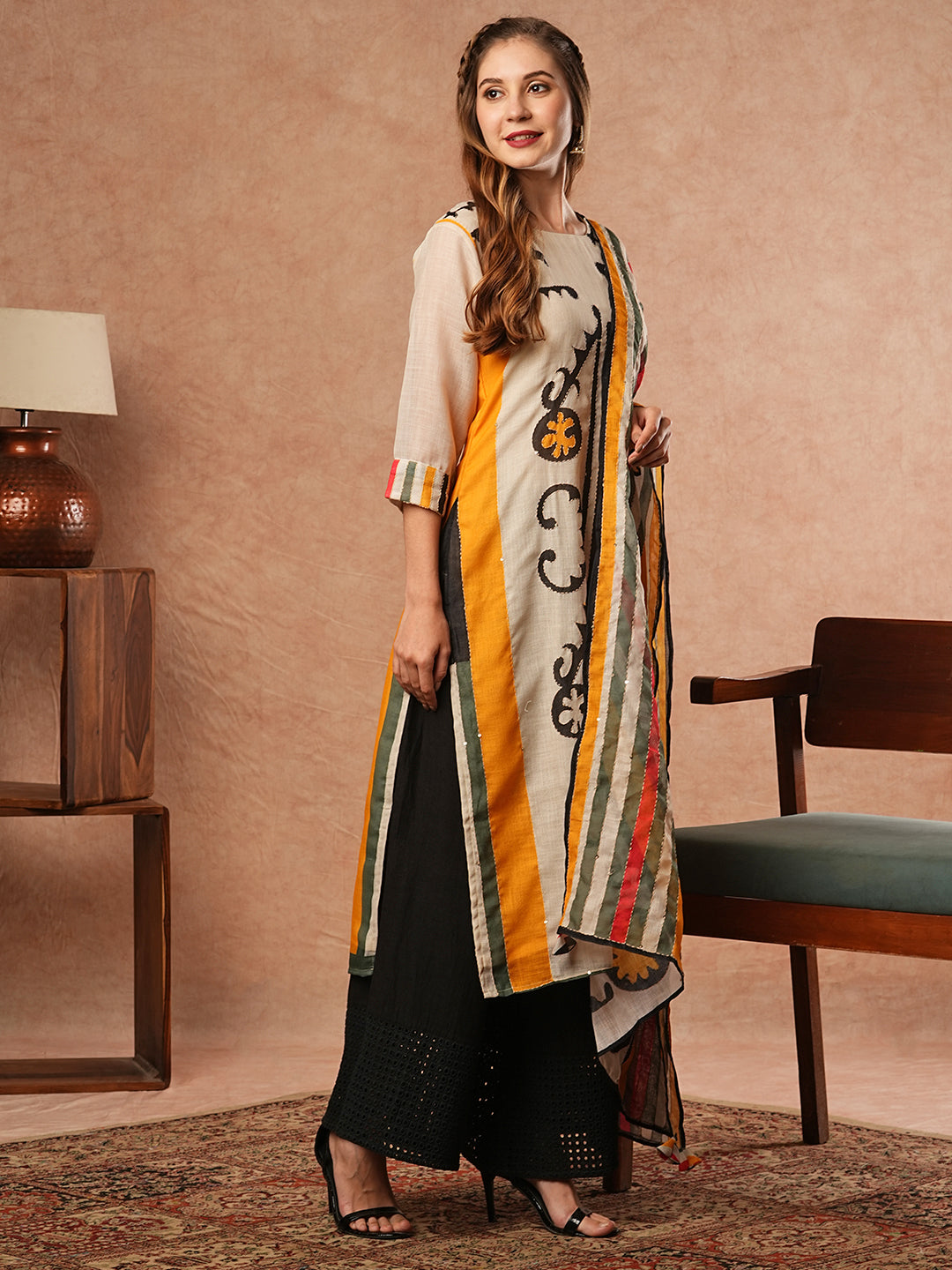 Ethnic Printed & Kantha Embroidered Straight Kurta with Dupatta - Off White