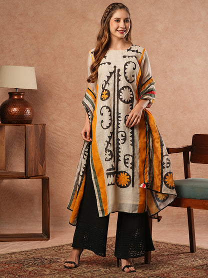 Ethnic Printed & Kantha Embroidered Straight Kurta with Dupatta - Off White