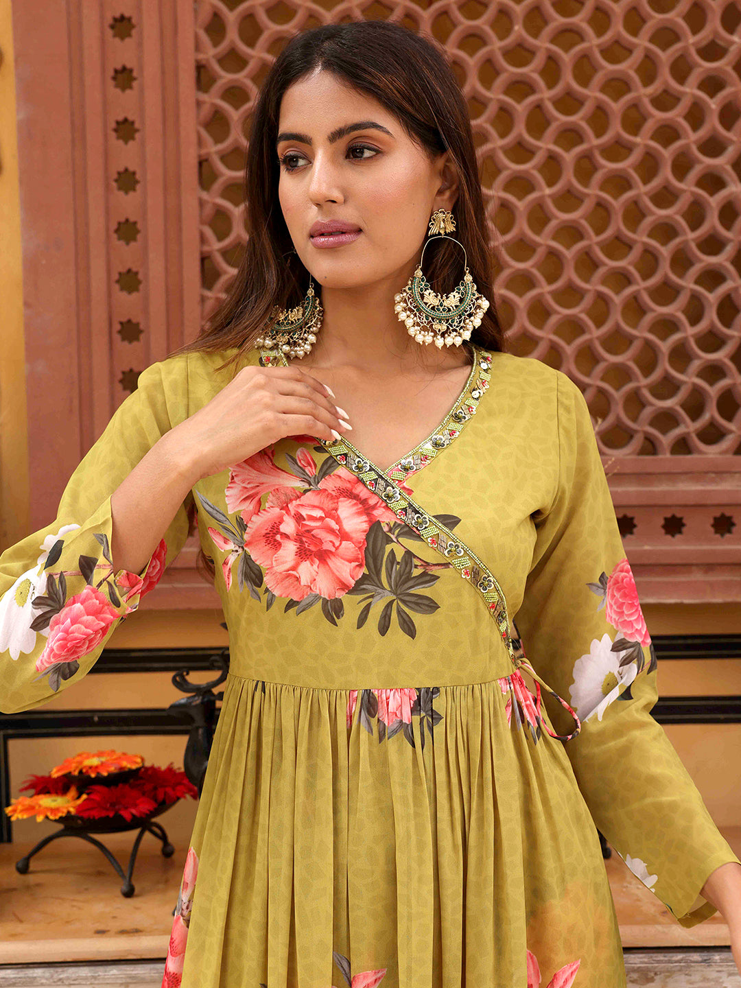 Floral Printed & Hand Embroidered A-Line Pleated Kurta with Pant - Green