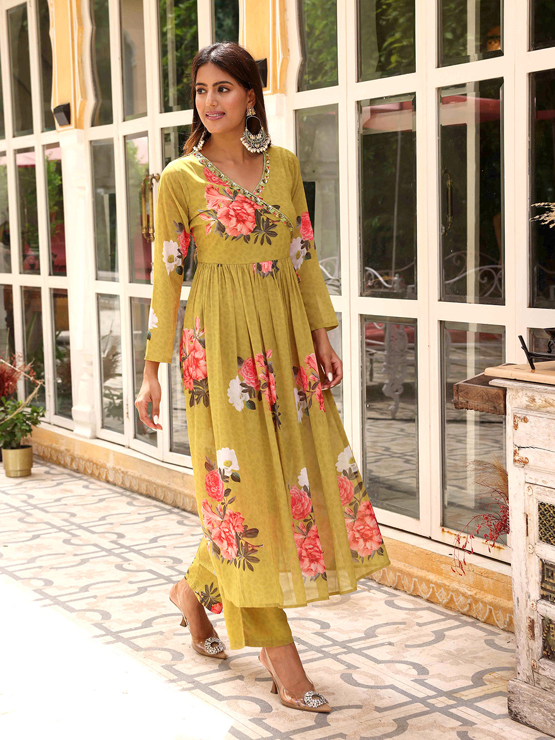 Floral Printed & Hand Embroidered A-Line Pleated Kurta with Pant - Green