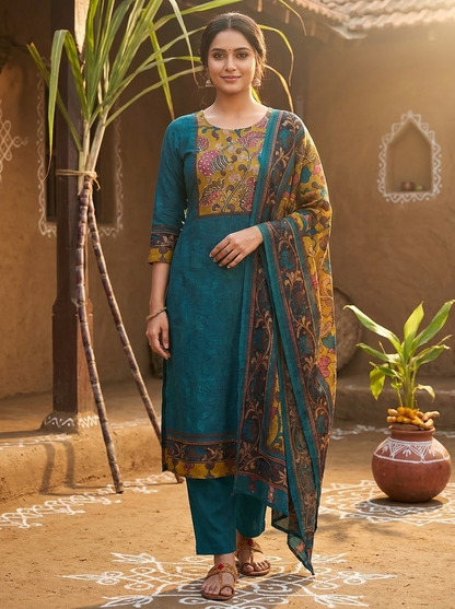Solid Kalamkari Printed Straight Kurta with Pant & Dupatta - Blue