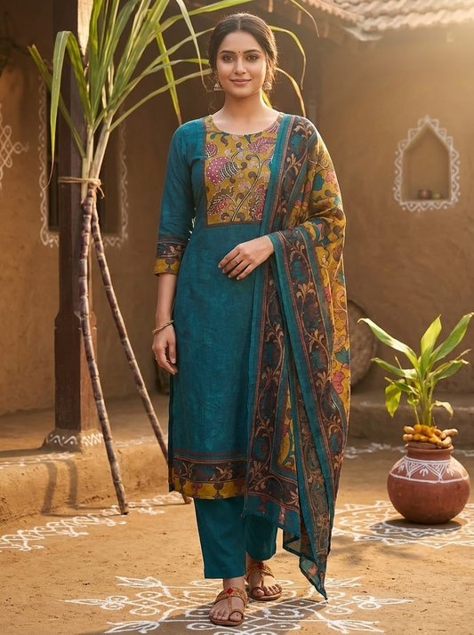 Solid Kalamkari Printed Straight Kurta with Pant & Dupatta - Blue