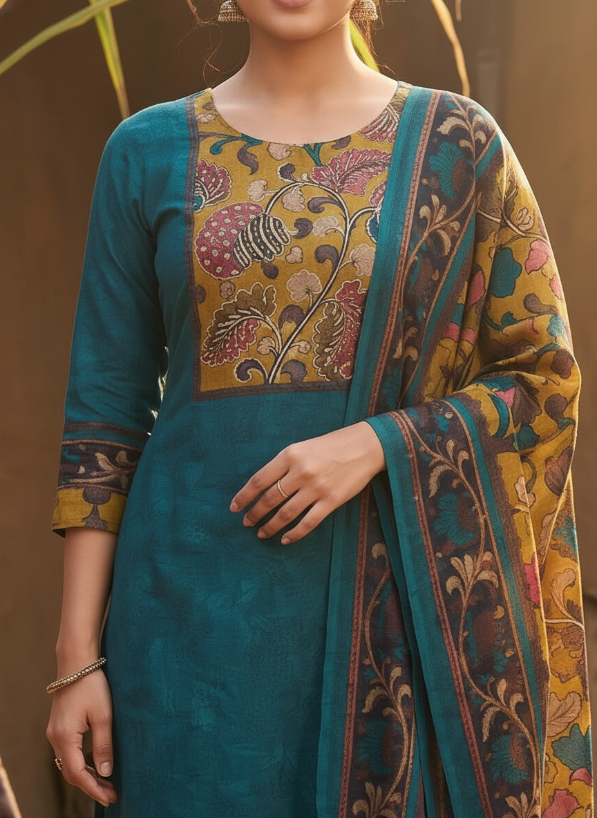 Solid Kalamkari Printed Straight Kurta with Pant & Dupatta - Blue