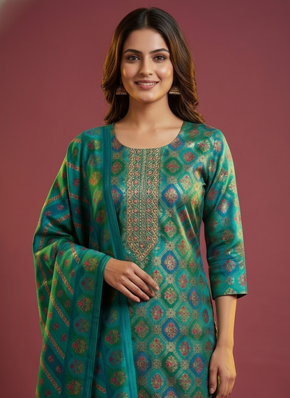 Floral Printed Embroidered Jacquard Kurta with Pant & Dupatta - Teal Blue