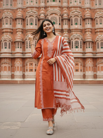 Solid Embroidered Straight Kurta with Palazzo & Dupatta - Rust