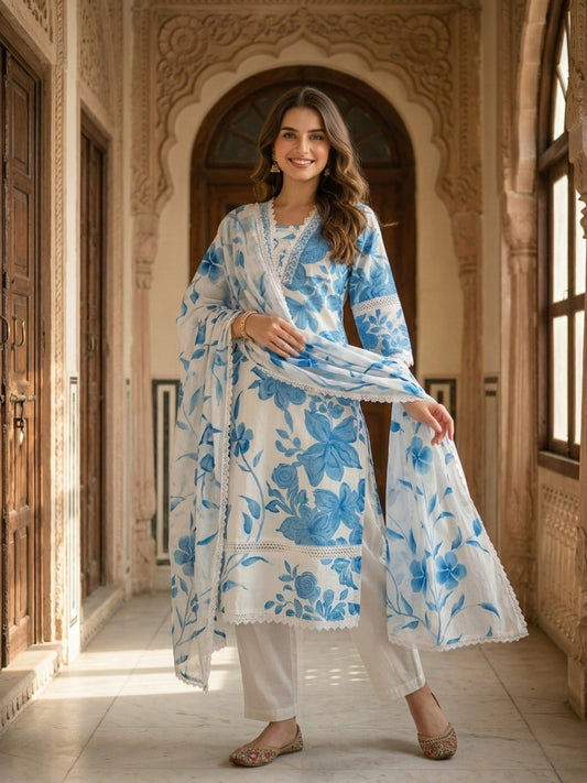 Abstract Floral Printed Straight Kurta with Pant & Dupatta - Blue