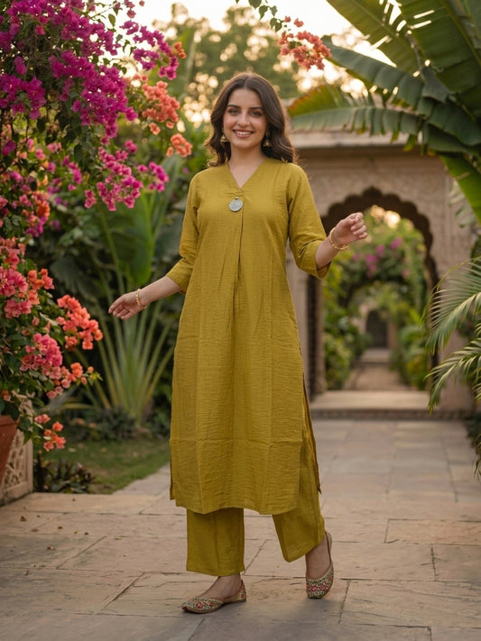 Green Solid Textured A-Line Silk Blend Co-ord Set with Palazzo