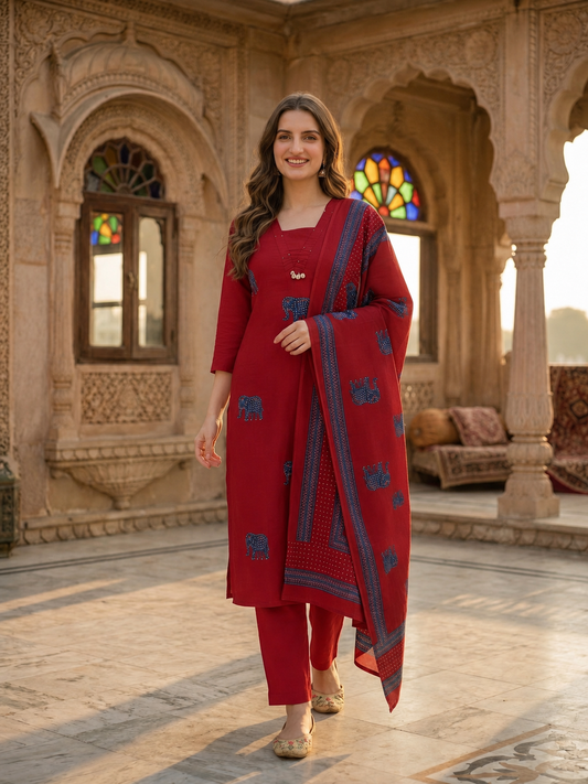 Brick Red Solid Cotton Straight Kurta Set with Kantha Work & Elephant Patchwork, Pant & Dupatta