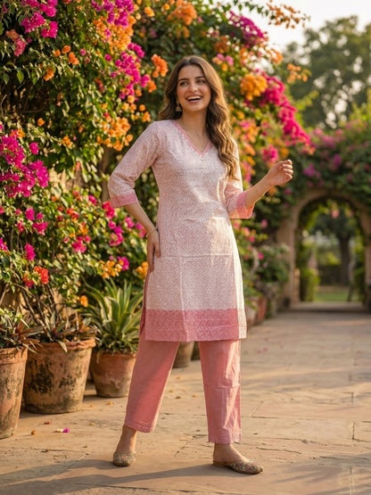 Ethnic Printed Straight Kurta with Pant- Pink