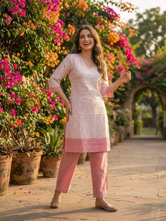 Ethnic Printed Straight Kurta with Pant- Pink