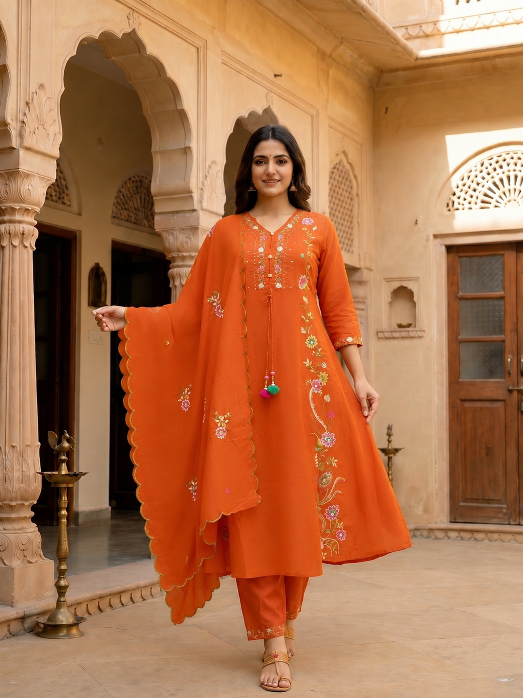 Rust Solid Chanderi Silk Anarkali Kurta Set with Floral Embroidery, V-Neck, Palazzo & Scalloped Poly Chanderi Dupatta