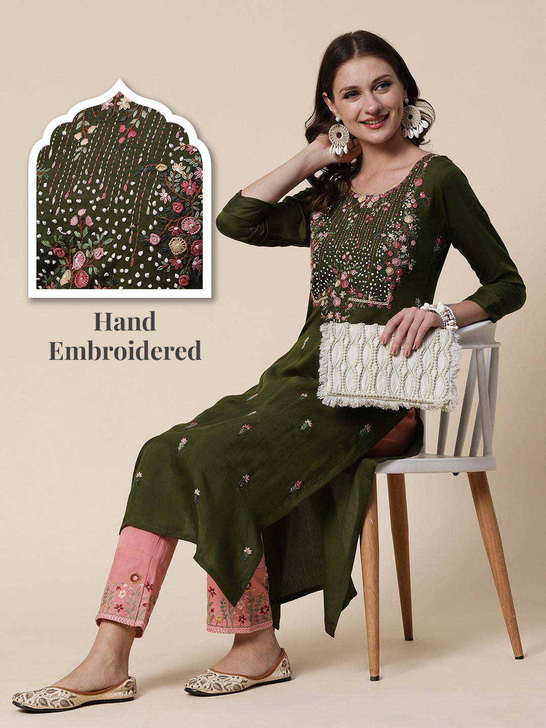 Solid Resham French Knot & Sequins Embroidered Kurta - Dark Olive Green