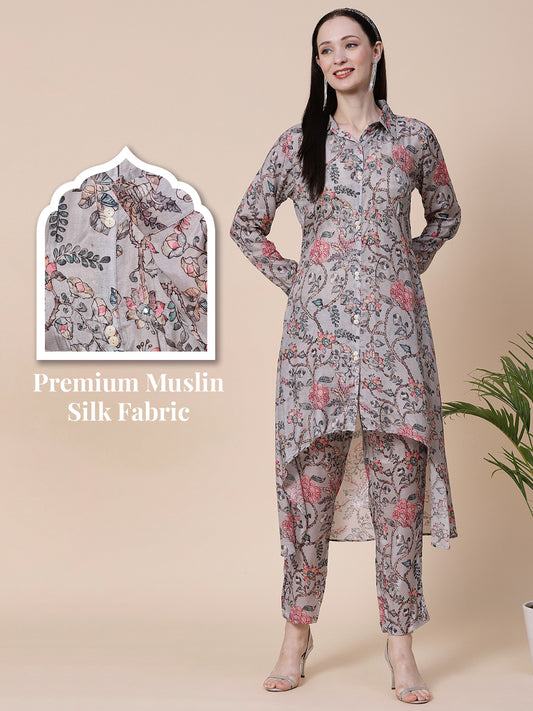 Floral Printed Mirror & Zari Embroidered Asymmetric Hem A-line Kurta With Pants - Grey