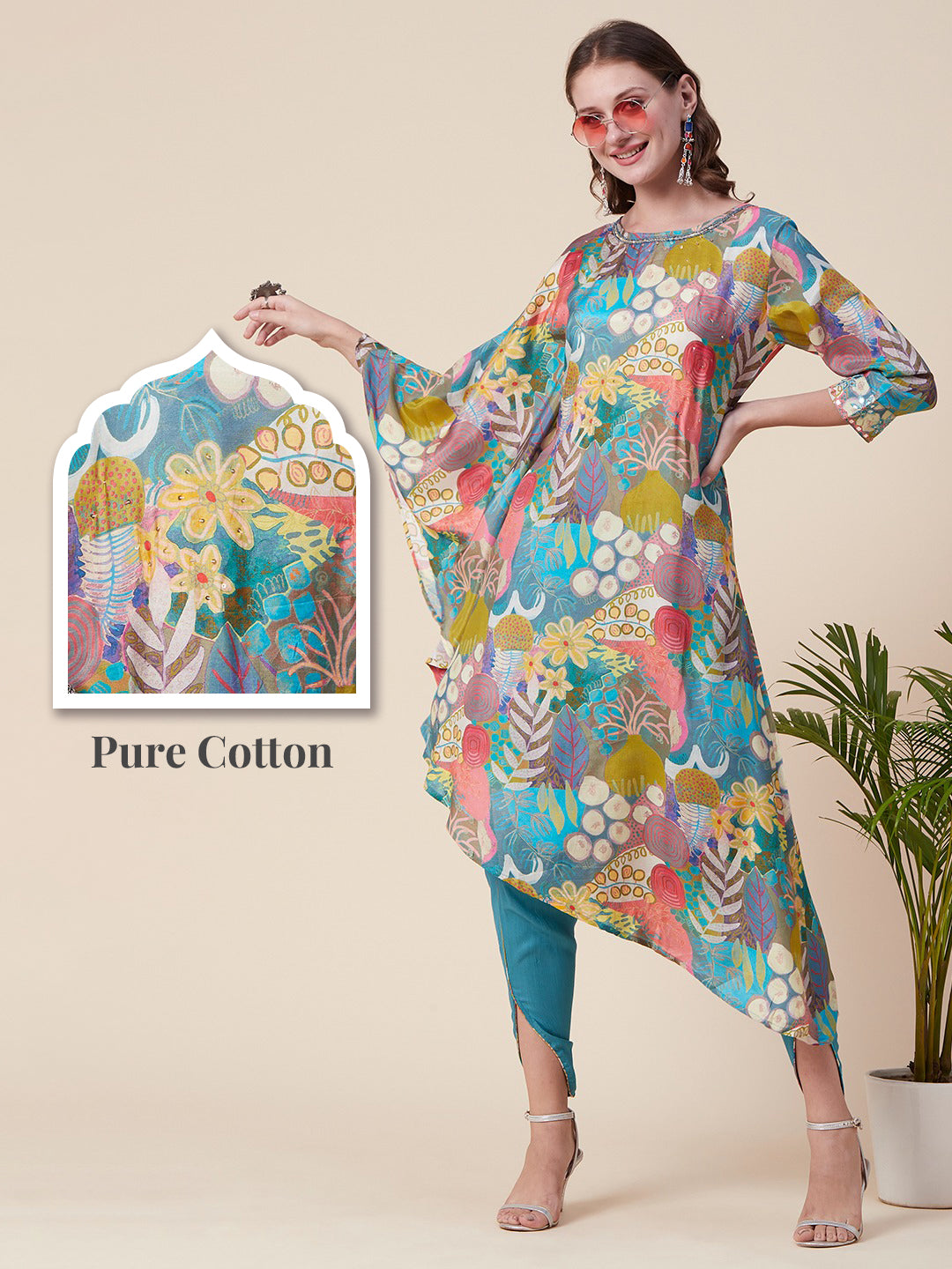 Abstract & Floral Printed Mirror & Sequins Embroidered Asymmetric Kaftan Kurta With Dhoti Pants - Multi