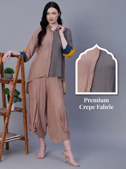 Solid Color bocked Asymmetric High-Low Hem Crinkle-Crepe Shirt With Pleated Palazzo - Brown