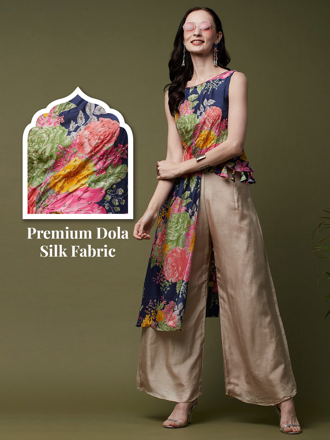 Floral Printed & Hand Embroidered Asymmetric Kurta with Flared Palazzo - Blue