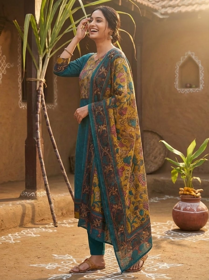 Solid Kalamkari Printed Straight Kurta with Pant & Dupatta - Blue