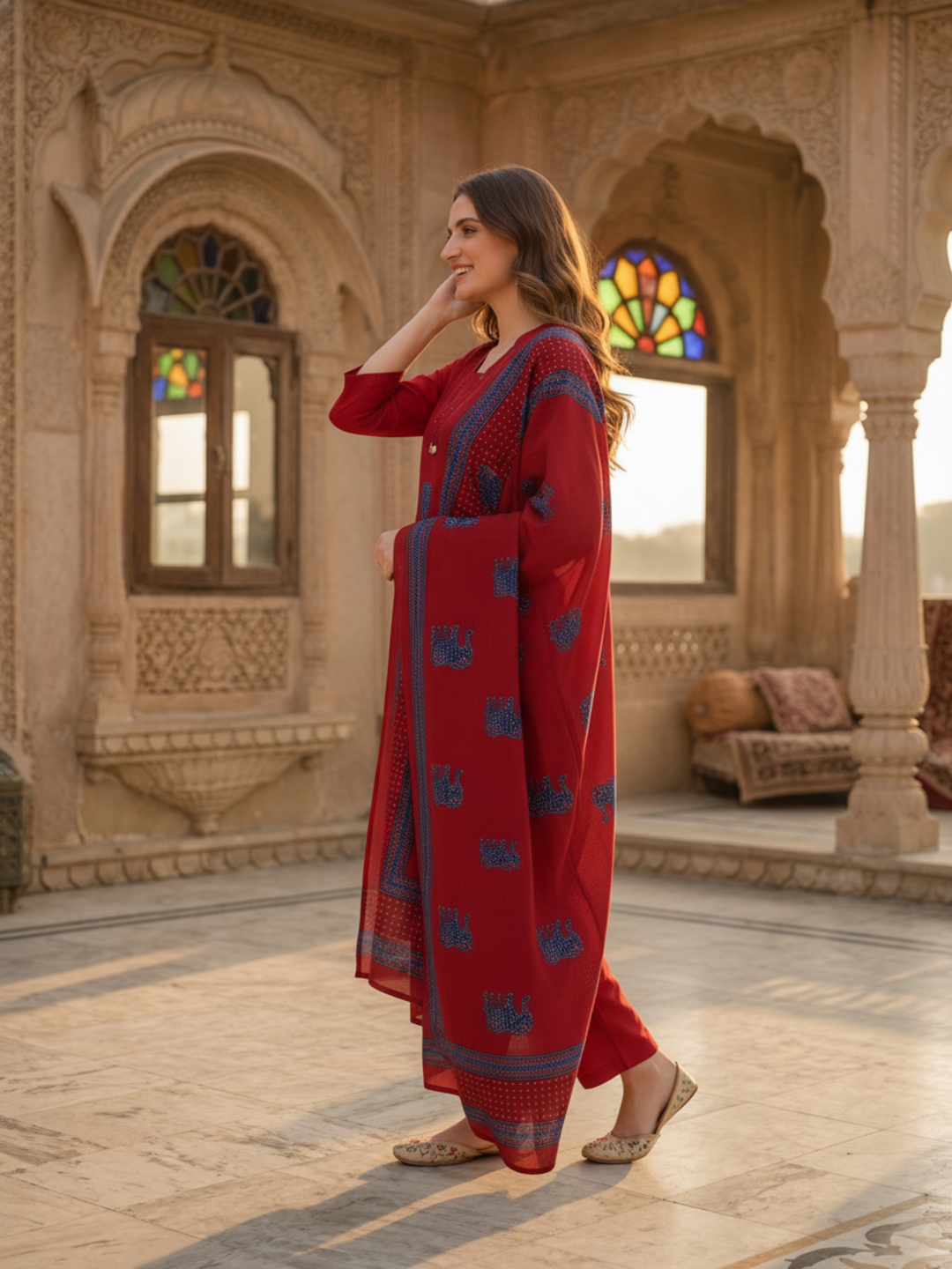 Brick Red Solid Cotton Straight Kurta Set with Kantha Work & Elephant Patchwork, Pant & Dupatta