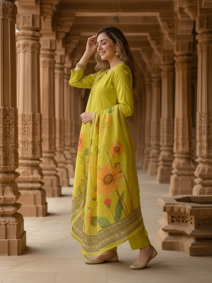 Pista Green Solid Muslin Silk Straight Kurta Set with Floral Hand Embroidery, Round Neck, Pant & Printed Poly Chanderi Dupatta