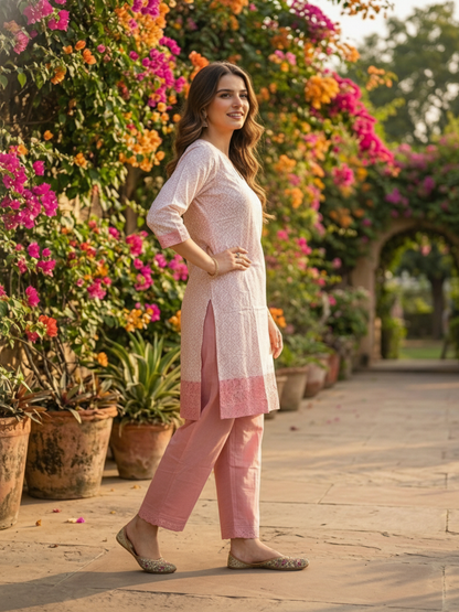 Ethnic Printed Straight Kurta with Pant- Pink