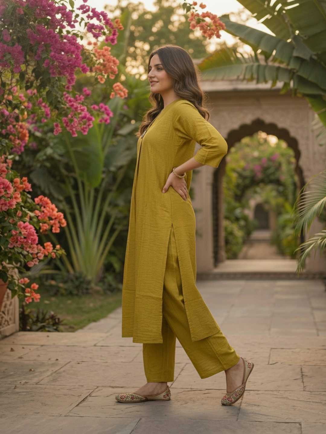 Green Solid Textured A-Line Silk Blend Co-ord Set with Palazzo