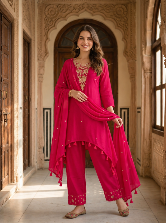 Magenta Solid Floral Hand-Embroidered Chiffon A-Line Kurta Set with Salwar and Dupatta