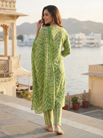 Ethnic Chevron Printed & Embroidered Straight Kurta with Pant & Dupatta - Green