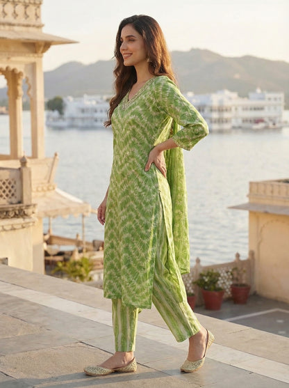 Ethnic Chevron Printed & Embroidered Straight Kurta with Pant & Dupatta - Green