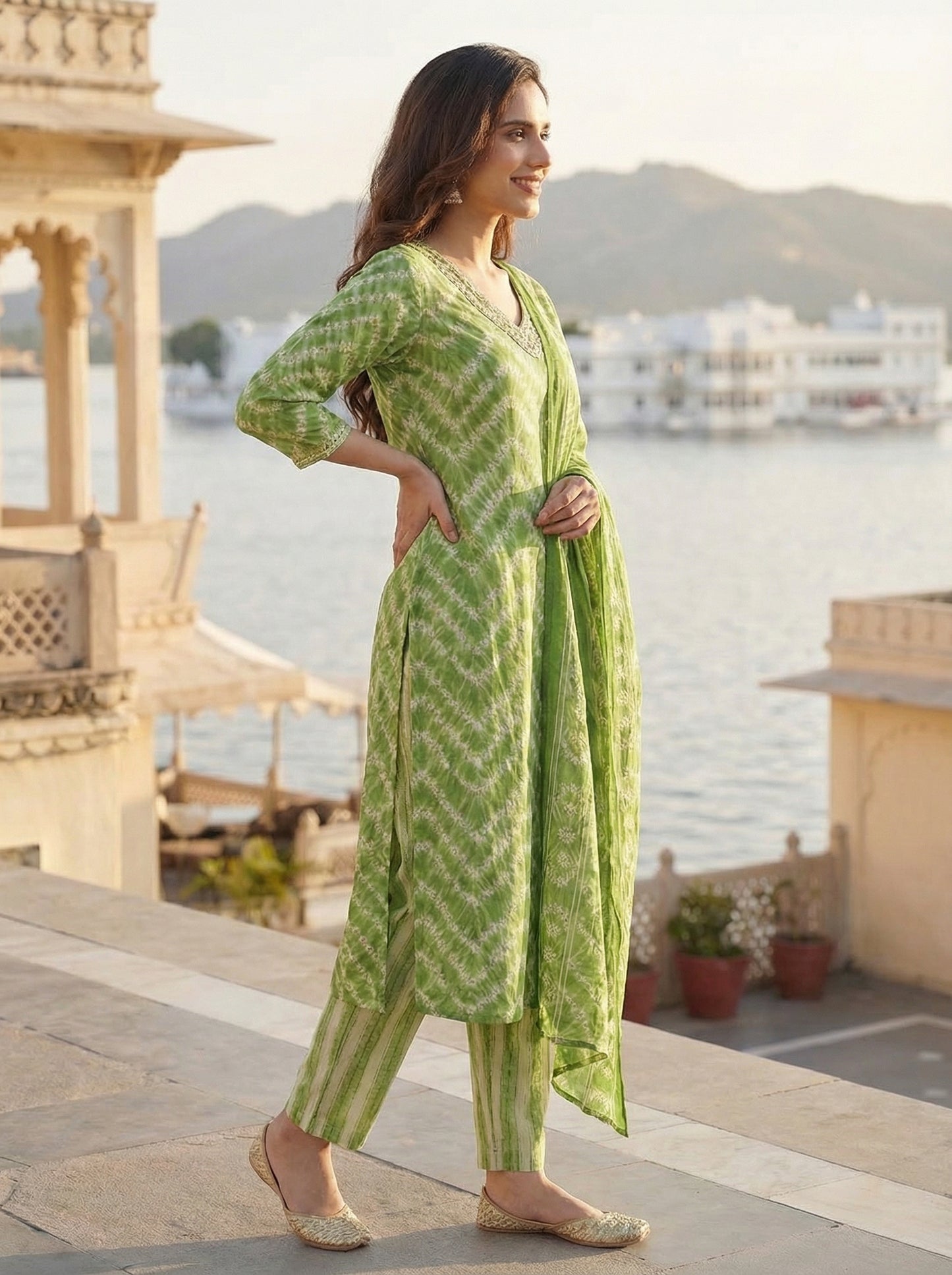 Ethnic Chevron Printed & Embroidered Straight Kurta with Pant & Dupatta - Green