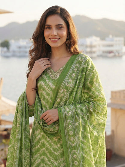 Ethnic Chevron Printed & Embroidered Straight Kurta with Pant & Dupatta - Green