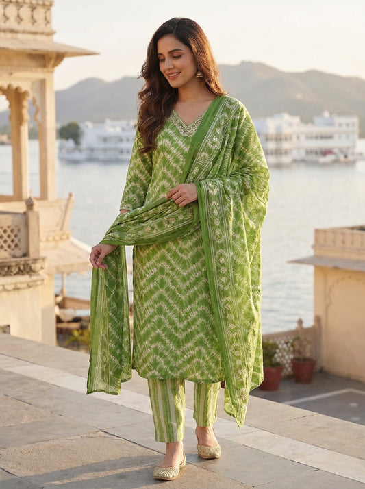 Ethnic Chevron Printed & Embroidered Straight Kurta with Pant & Dupatta - Green